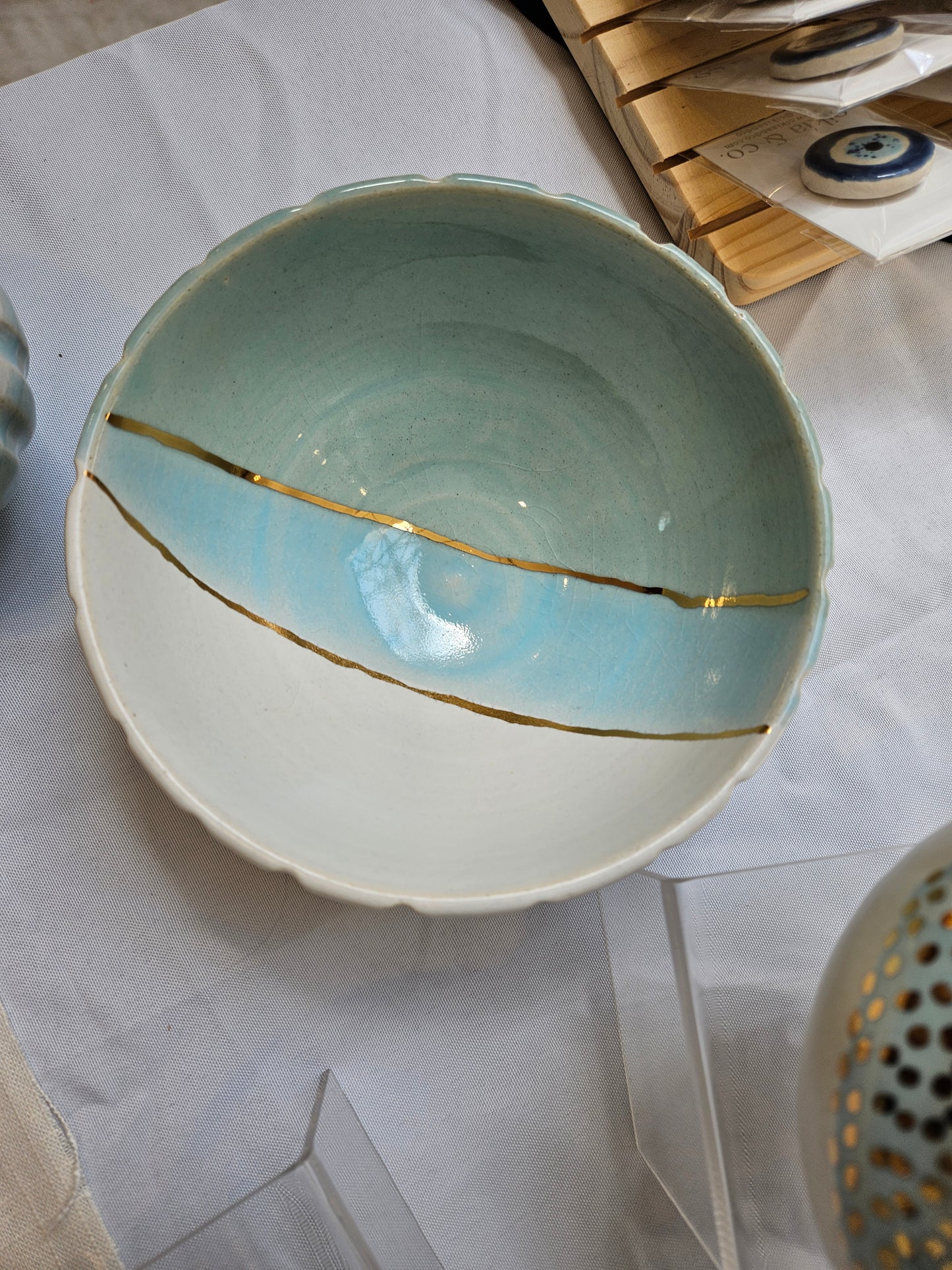White & Blue Bowl Gold Luster Interior Lines