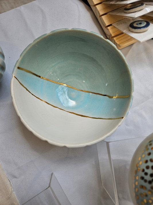 White & Blue Bowl Gold Luster Interior Lines