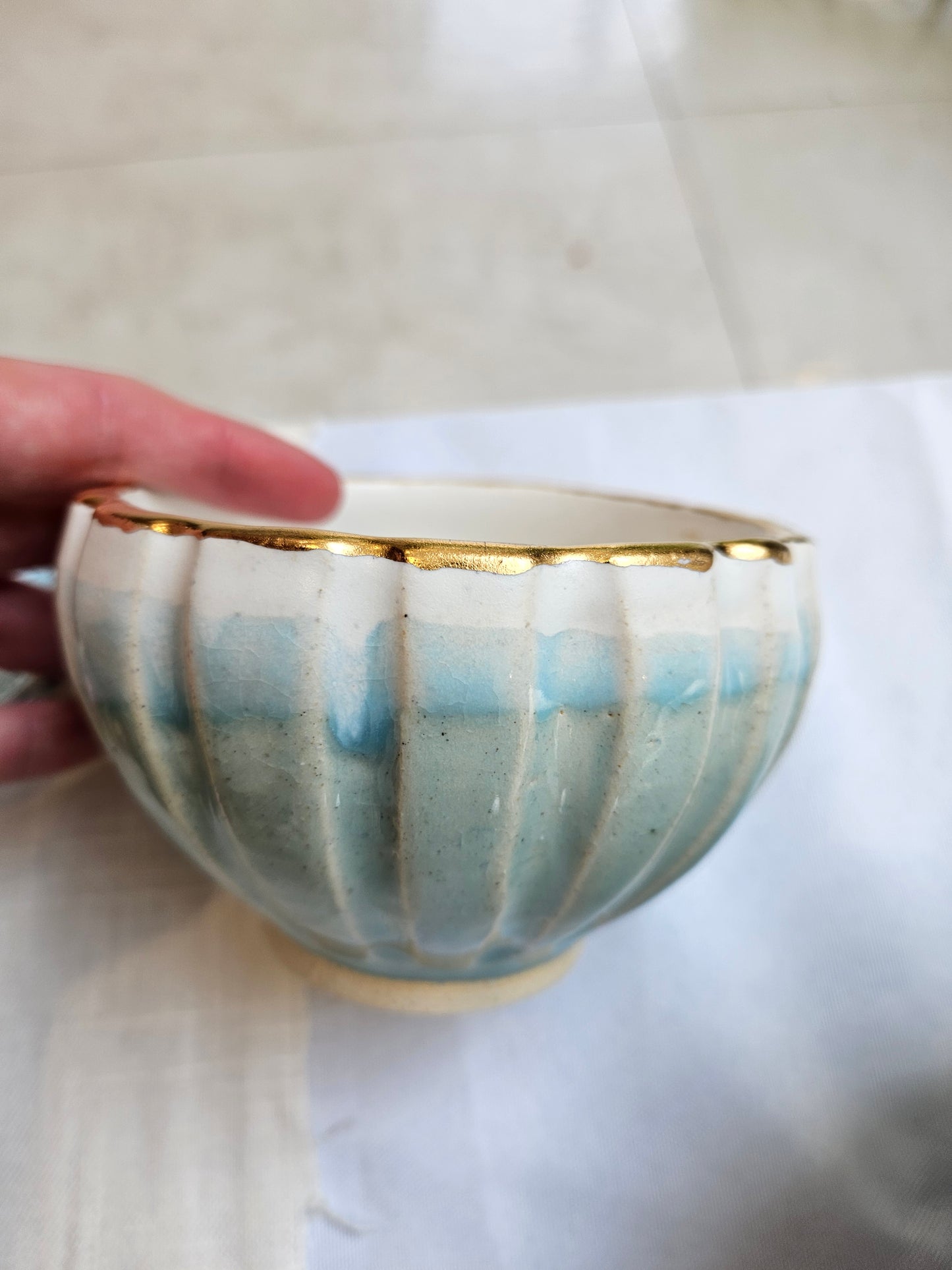 Small Pot - White & Blue with Gold Luster Ring